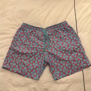 Vilebrequin Turtle Pattern Swim Shorts in Red and Teal